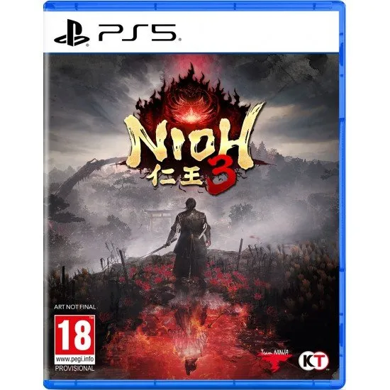Nioh 3 PS5 box art showing a samurai/ninja character fighting formidable yokai in a dark, stylized open field setting
