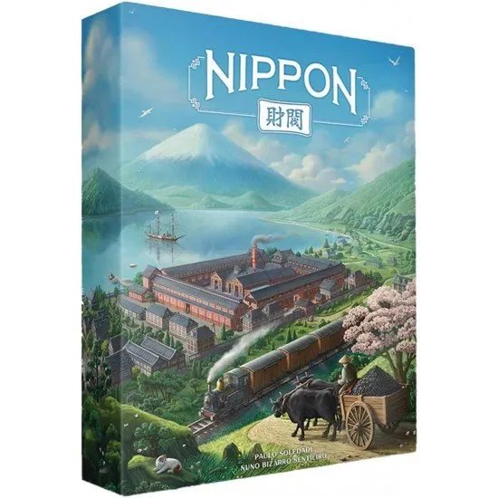 A beautifully illustrated game board showing a map of Japan with wooden factory and railway components
