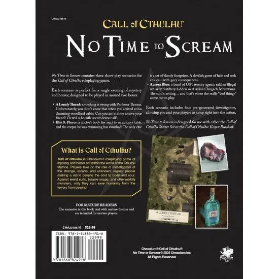 Call of Cthulhu - No Time to Scream book cover showing a frightening scene with investigators running from a cosmic horror creature