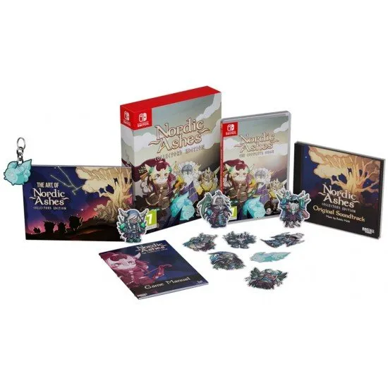 Nordic Ashes Complete Saga Collector's Edition Switch The box art for the game Nordic Ashes: The Complete Saga Collector's Edition on Nintendo Switch, showing a hero and the included physical extras like the artbook and keychain.