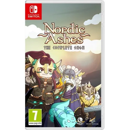 Nordic Ashes Complete Saga Switch The box art for the game Nordic Ashes: The Complete Saga on Nintendo Switch, showing a hero battling a horde of fantasy creatures in a hand-drawn art style.