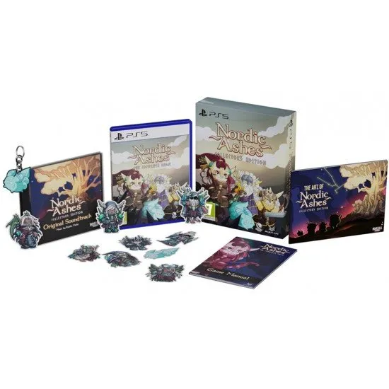 Nordic Ashes Complete Saga Collector's Edition PS5 The box art for the game Nordic Ashes: The Complete Saga Collector's Edition on PlayStation 5, showing a hero and the included physical extras like the artbook and keychain.