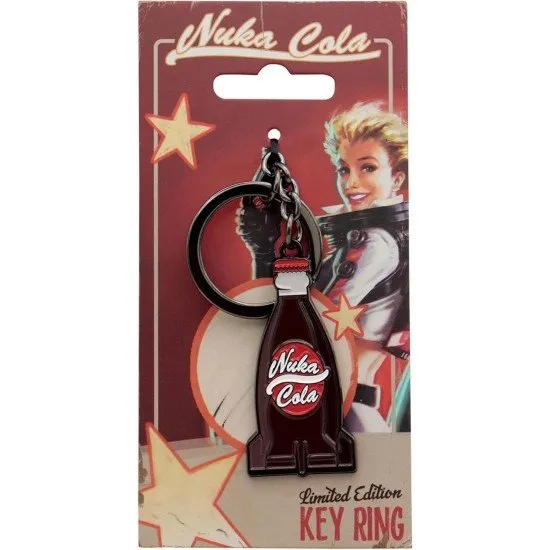 Metal keyring with the red and white Nuka-Cola logo featuring a distressed wasteland finish