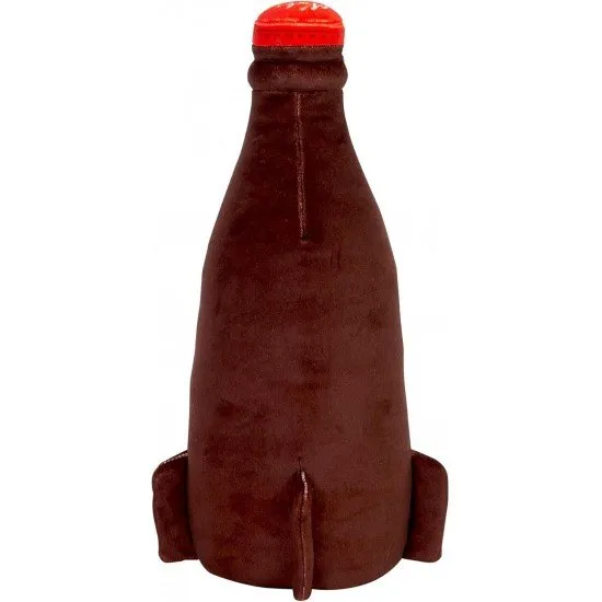 A large, soft red plush toy shaped like a Nuka-Cola bottle with the classic white logo and a grey bottle cap top