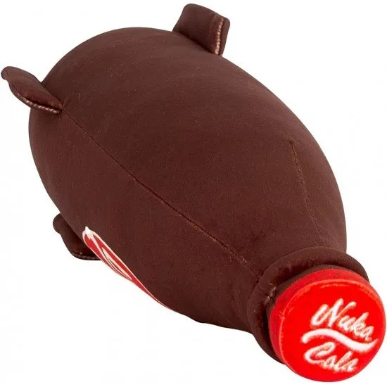 A large, soft red plush toy shaped like a Nuka-Cola bottle with the classic white logo and a grey bottle cap top