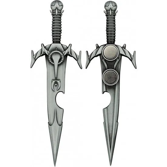 Metal bottle opener shaped like Mehrunes' Razor dagger with antique nickel finish and notched blade