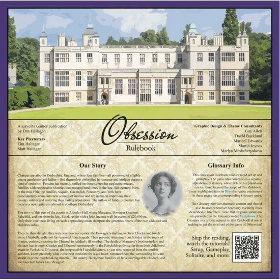 Obsession 2nd Edition Kayenta Games Victorian Strategy Board Game Obsession 2nd Edition board game box art showing a Victorian manor house and several aristocratic characters