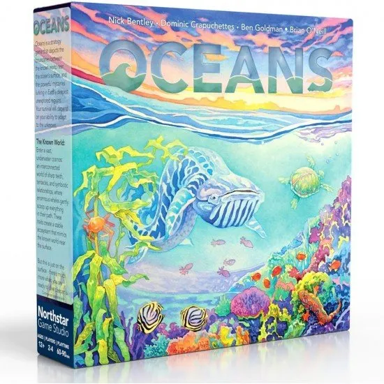 Oceans board game box showing a complex, vivid illustration of marine life and deep-sea creatures