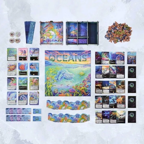 Oceans board game box showing a complex, vivid illustration of marine life and deep-sea creatures