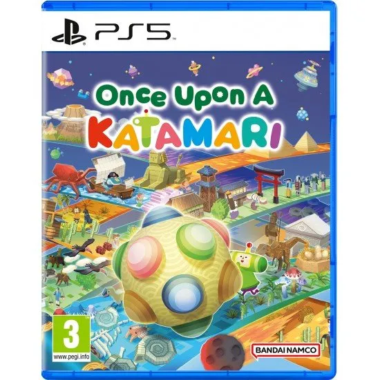 Once Upon a Katamari PS5 box art showing The Prince of All Cosmos rolling a giant Katamari ball over various historical landscapes (Jurassic, Ice Age, Japan)