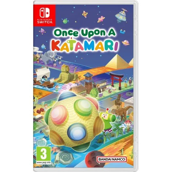 Once Upon a Katamari Switch box art showing The Prince of All Cosmos rolling a giant Katamari ball over various historical landscapes (Jurassic, Ice Age, Japan)