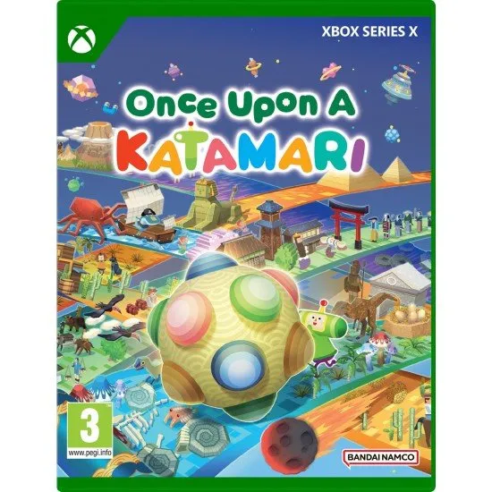 Once Upon a Katamari Xbox Series X box art showing The Prince of All Cosmos rolling a giant Katamari ball over various historical landscapes (Jurassic, Ice Age, Japan)