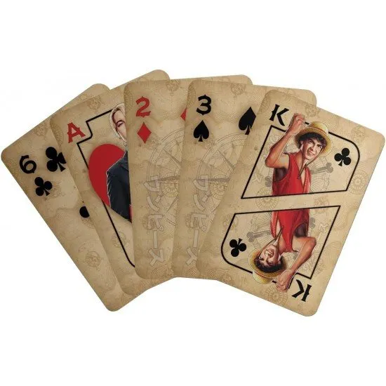 Deck of One Piece playing cards showing Luffy, Zoro, and Nami live action character cards