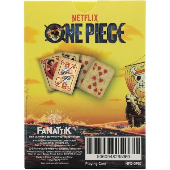 Deck of One Piece playing cards showing Luffy, Zoro, and Nami live action character cards