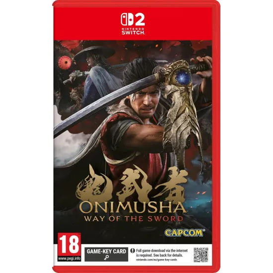 A Nintendo Switch 2 game case showing a fierce samurai drawing a lightning-infused katana as menacing purple energy clouds swirl around a traditional Japanese pagoda