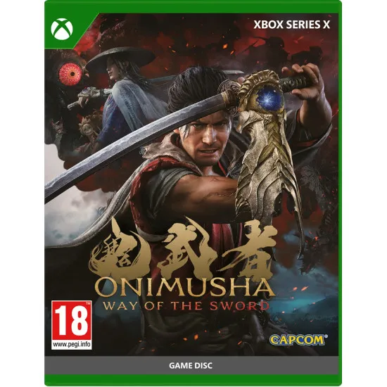 An Xbox Series X game case showing a samurai warrior standing in front of a burning Japanese temple courtyard twisted by purple magical energy