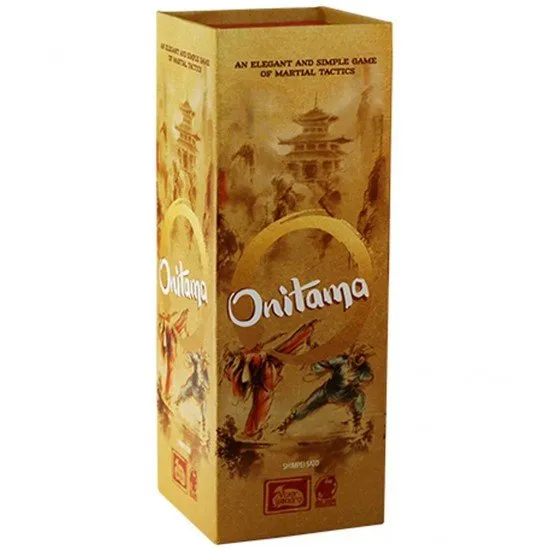 Onitama Board Game The box art for the board game Onitama, showing a game board with pawns and stylized movement cards.