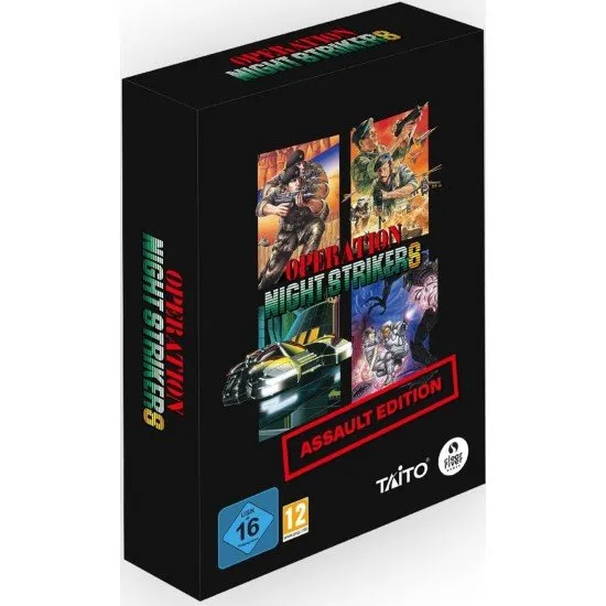 Operation Night Strikers Assault Edition game cover showing key art from the four included 80s arcade games: Operation Wolf, Night Striker, Space Gun, and Operation Thunderbolt