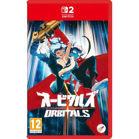 A Nintendo Switch 2 game case showing a bright 90s style retro anime boy and girl looking out of a round spaceship window at a giant colourful swirling cosmic nebula storm