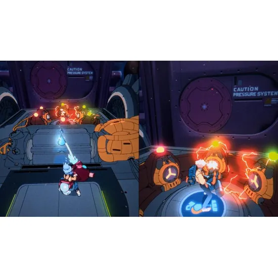 A Nintendo Switch 2 game case showing a bright 90s style retro anime boy and girl looking out of a round spaceship window at a giant colourful swirling cosmic nebula storm