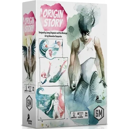 Origin Story board game box art showing stylized superhero characters and various game components like cards and tokens