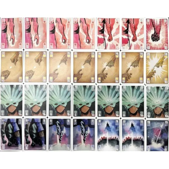 Origin Story board game box art showing stylized superhero characters and various game components like cards and tokens