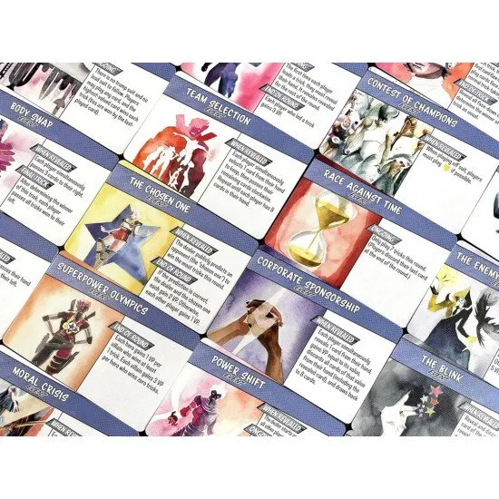 Origin Story board game box art showing stylized superhero characters and various game components like cards and tokens