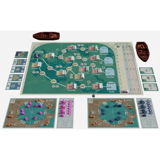 Box art for Ostia Mariner Edition board game showing Roman merchant ships docked in the ancient port of Ostia