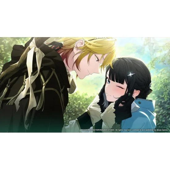A group of stylised anime characters standing before a fractured, gothic backdrop representing different story paths