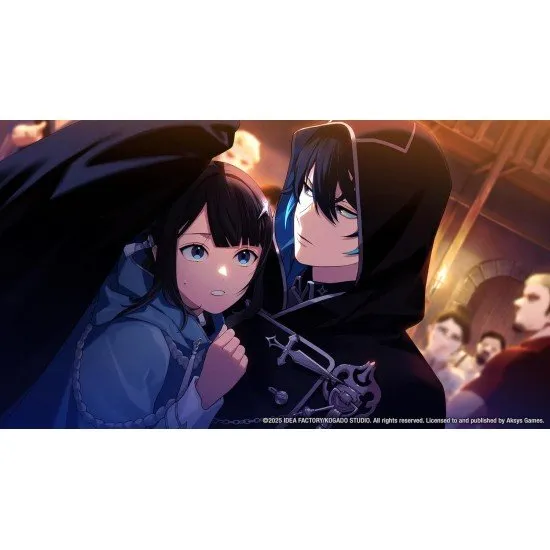 A group of stylised anime characters standing before a fractured, gothic backdrop representing different story paths