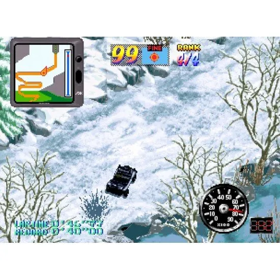 A top-down perspective of a rally car drifting around a sharp corner on a snowy mountain road
