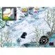 A top-down perspective of a rally car drifting around a sharp corner on a snowy mountain road