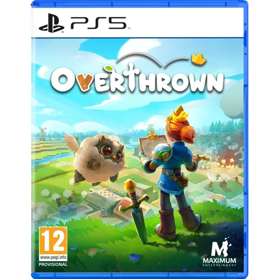 A PlayStation 5 game case showing a cartoon monarch wearing a glowing crown while holding a massive wooden tavern over their head above a bustling fantasy village