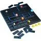The box art for the Quoridor: PAC-MAN board game, showing wooden pawns of PAC-MAN and the ghosts on a wooden maze board.