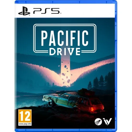 The box art for the game Pacific Drive on PS5, showing a rusty station wagon driving down a road at night with glowing anomalies in the background.