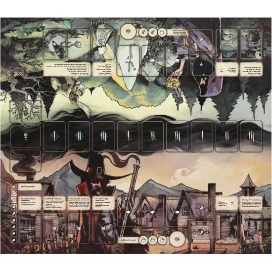 A high-quality neoprene playmat showing dedicated zones for the Witch and Hunter with thematic dark artwork