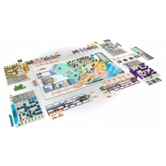 Pampero board game cover showing wind turbines and energy infrastructure on a map of Uruguay