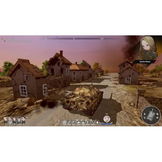 A formation of detailed German tanks moving across a European battlefield with anime-style characters in the foreground