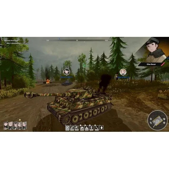 A formation of detailed German tanks moving across a European battlefield with anime-style characters in the foreground