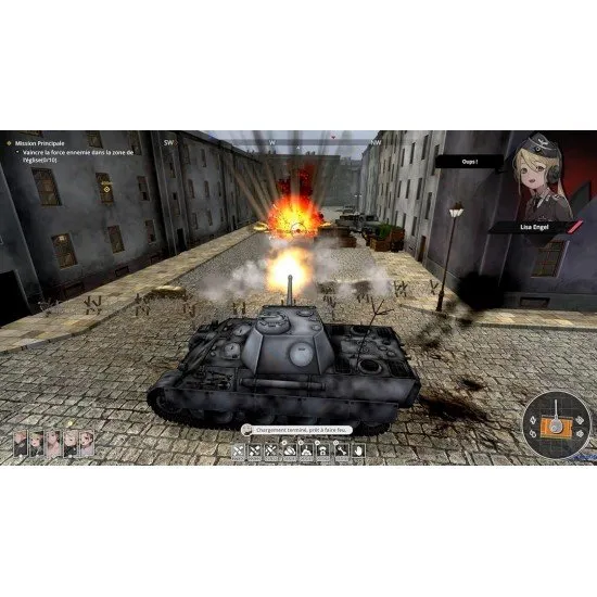 A formation of detailed German tanks moving across a European battlefield with anime-style characters in the foreground