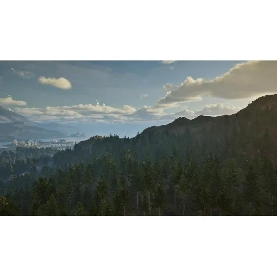A park ranger vehicle parked near a dense forest with a helicopter flying over a lake