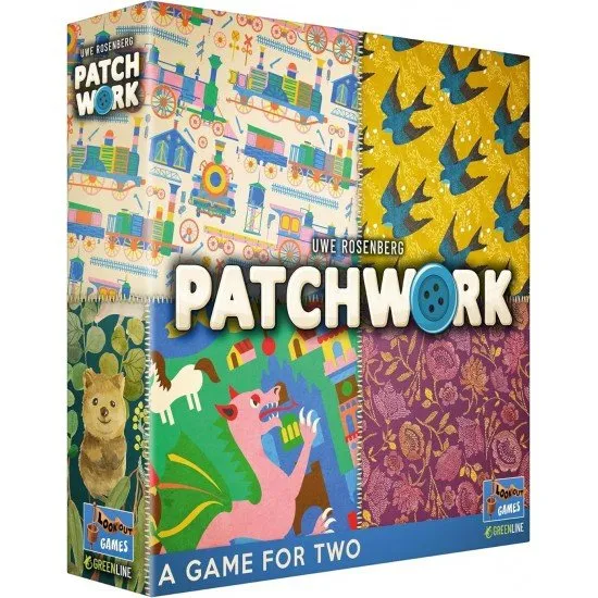 Patchwork Revised Edition board game box art showing a close-up of colorful geometric quilt pieces and buttons