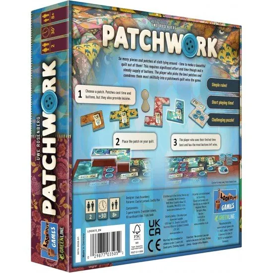 Patchwork Revised Edition board game box art showing a close-up of colorful geometric quilt pieces and buttons