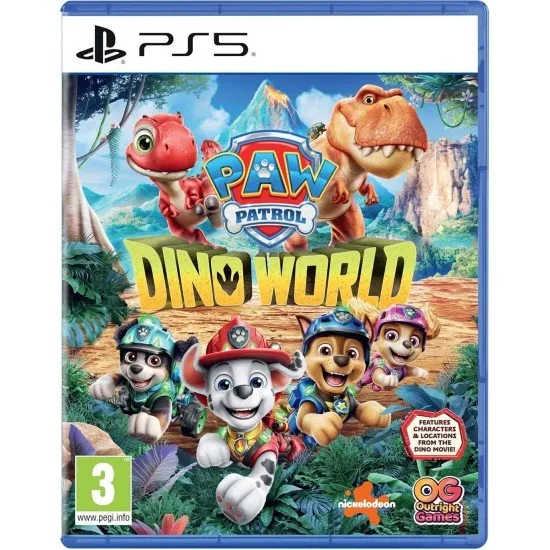 The PAW Patrol pups standing together in front of the Dino Wilds volcano in a bright animated style
