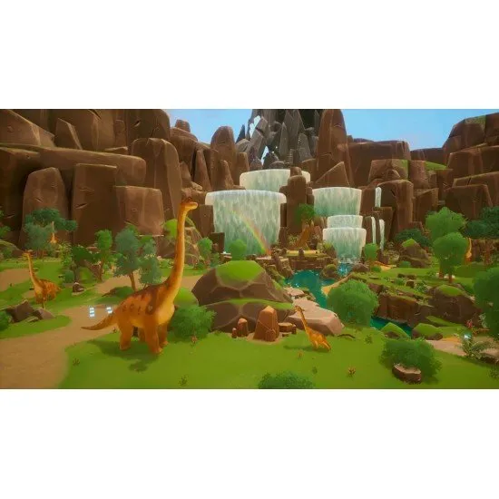 The PAW Patrol pups standing together in front of the Dino Wilds volcano in a bright animated style