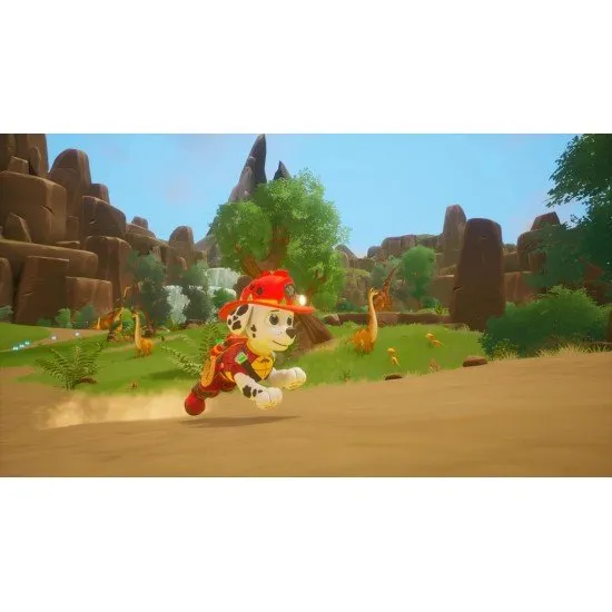 The PAW Patrol pups standing together in front of the Dino Wilds volcano in a bright animated style