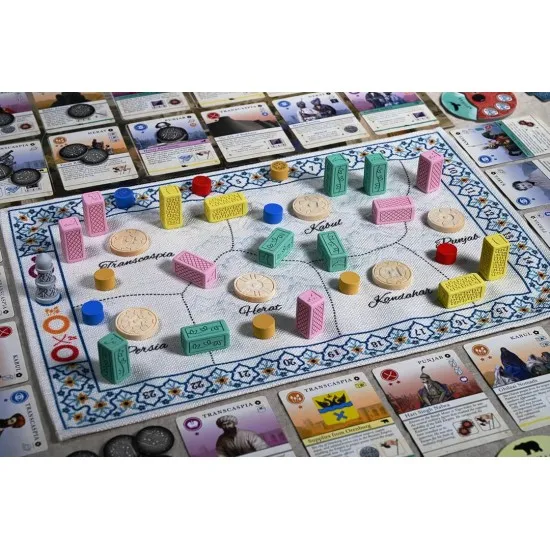 Pax Pamir Second Edition board game box showing cloth map and resin pieces
