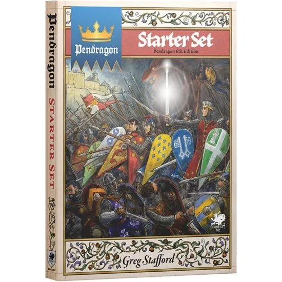 A boxed set featuring a knight in shining armour on horseback, containing rulebooks, character sheets, and dice