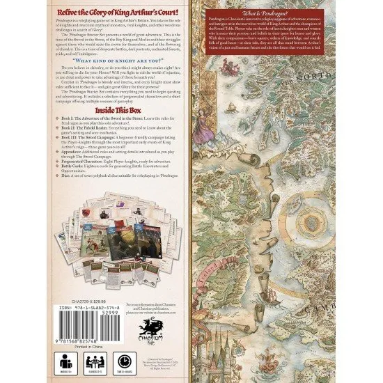 A boxed set featuring a knight in shining armour on horseback, containing rulebooks, character sheets, and dice