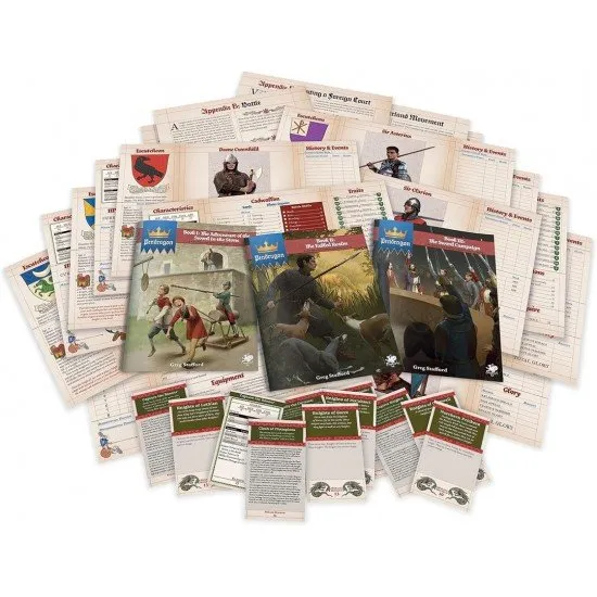 A boxed set featuring a knight in shining armour on horseback, containing rulebooks, character sheets, and dice